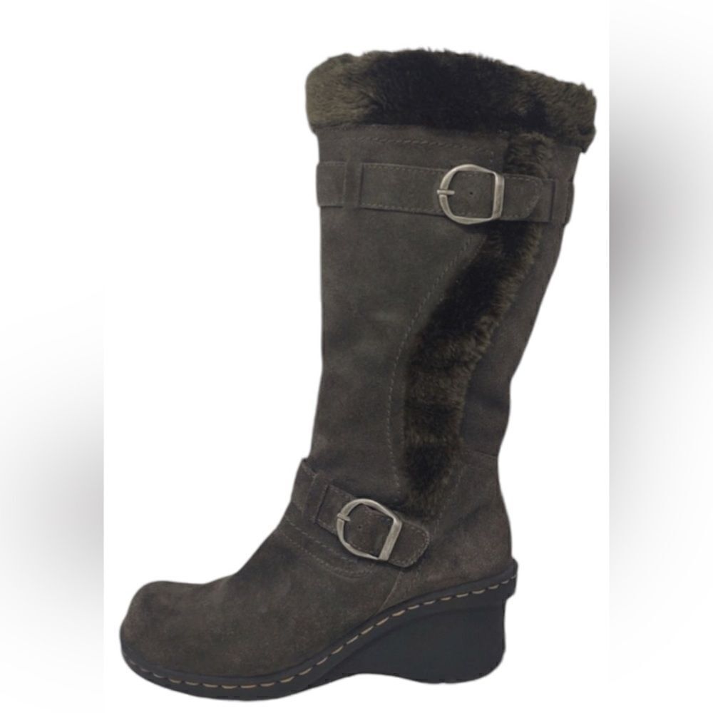 Bare Traps Boots 9.5M Womens Catchy Green Suede Leather Faux Fur Tall Zip Buckle